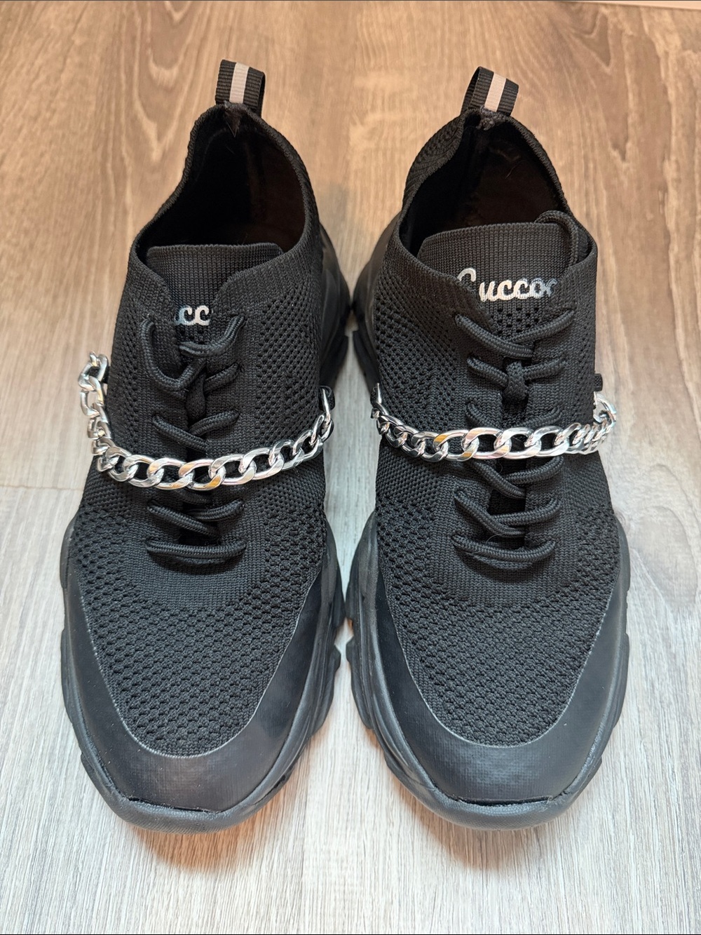 Black Knit Chain-Accent Women’s Sneakers